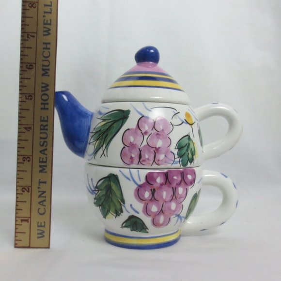 New Bella Casa Teapot Lid Cup Set by Ganz Tea 4 One White Colorful Fruit Design - Picture 8 of 10